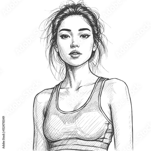 Athletic girl. Black and white line sketch portrait of a beautiful sports woman with messy hairstyle. Character design. JPEG version.