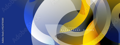 Abstract design features overlapping circles, gradients. Blue, yellow, gray tones create dynamic composition. Modern aesthetic, suitable background element.