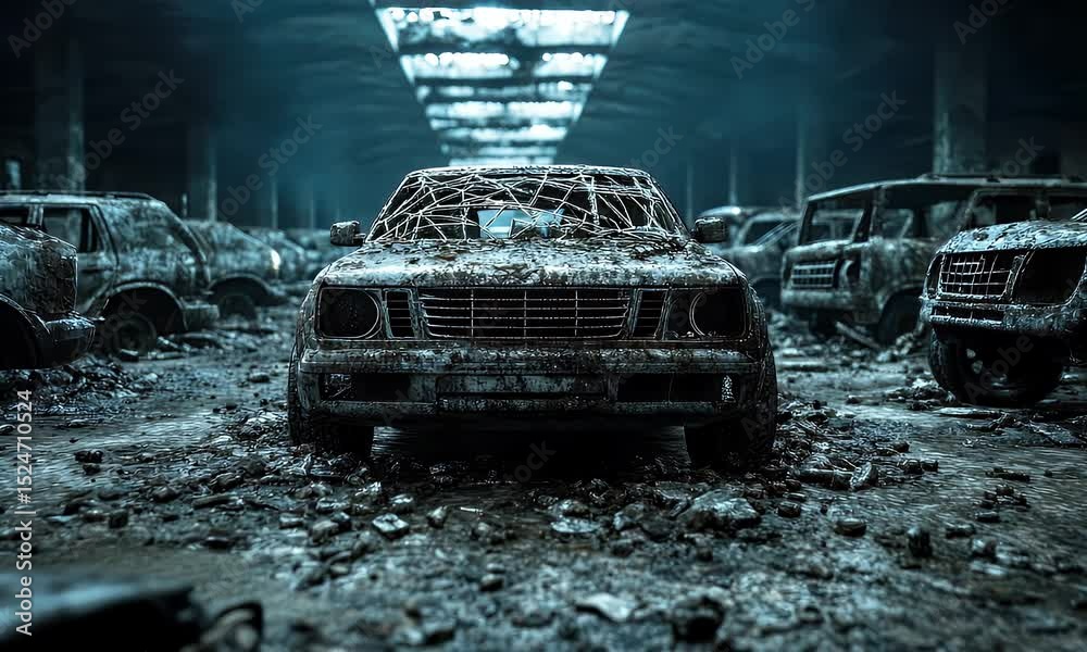 Abandoned cars rusting in desolate tunnel