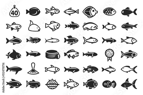 Collection of line icons depicting various fish species isolated on transparent background