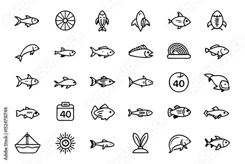 Collection of line icons depicting various fish species isolated on transparent background
