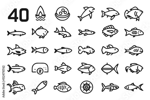 Collection of line icons depicting various fish species isolated on transparent background