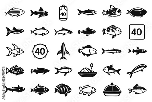 Collection of line icons depicting various fish species isolated on transparent background