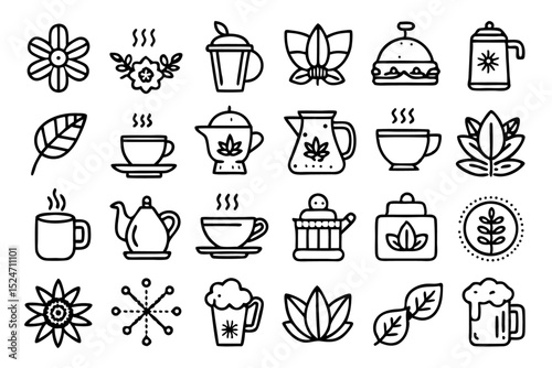 Collection of line icons depicting hot beverages tea coffee and teapot isolated on transparent background