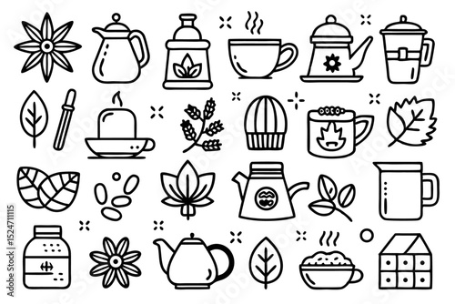 Collection of line icons depicting tea coffee and teapot related items isolated on transparent background
