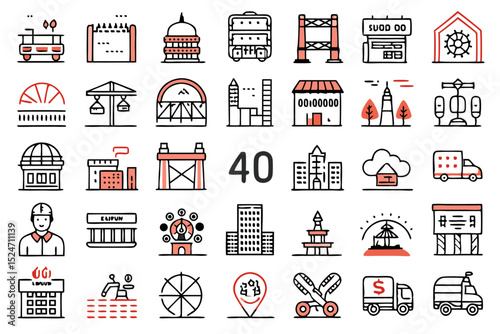 Collection of line icons depicting public road infrastructure elements isolated on transparent background