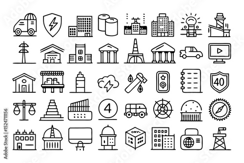 Collection of public road infrastructure line icons isolated on transparent background