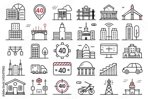 Collection of line icons depicting public road infrastructure elements isolated on transparent background