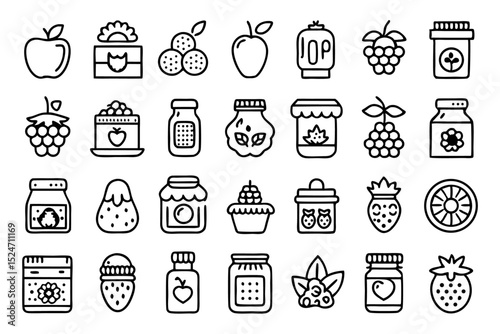 Line icons depicting a jam jar with strawberries isolated on transparent background