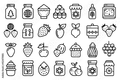 Line icons of a jam jar with fruits and strawberries isolated on transparent background