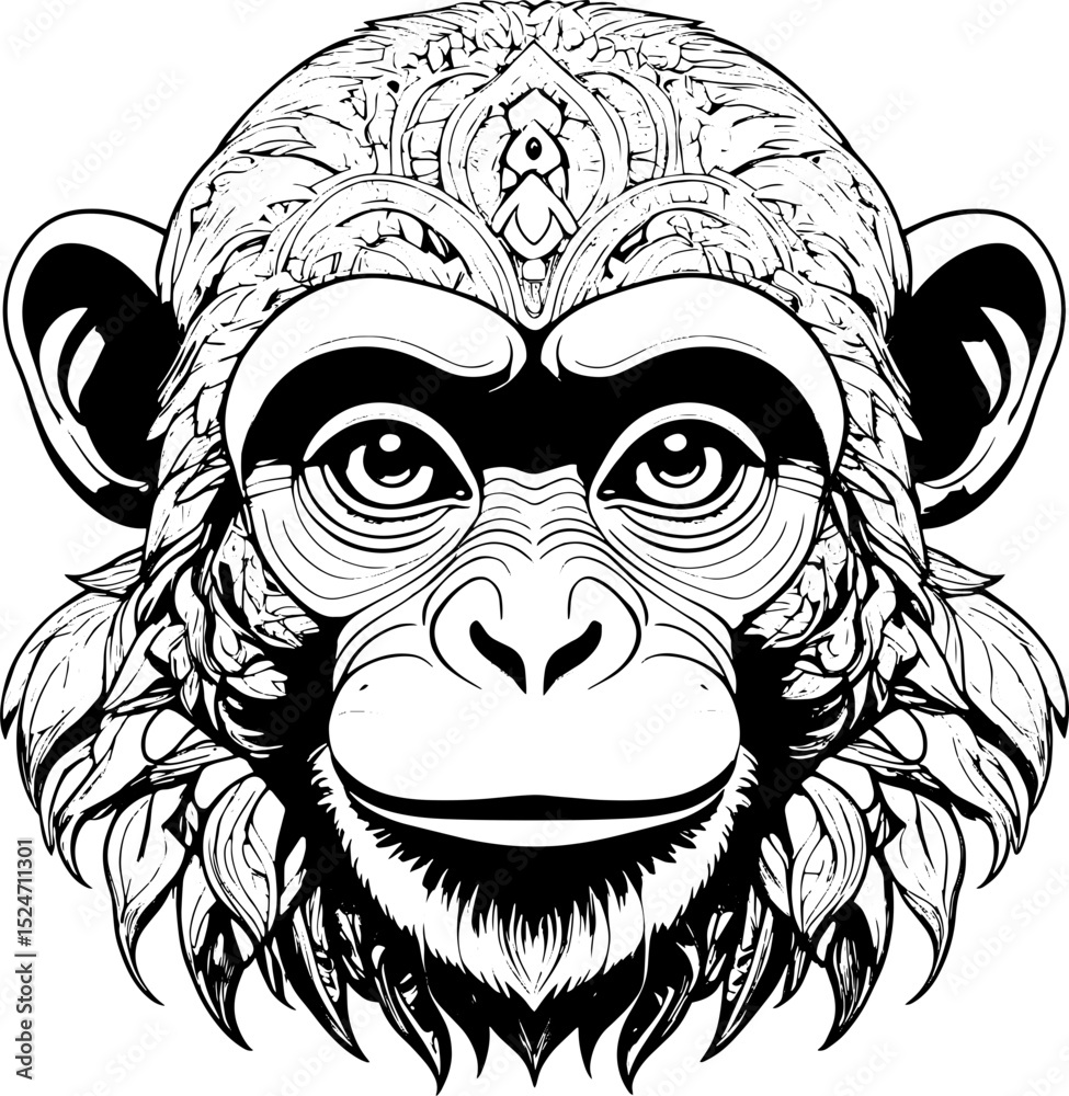 Fototapeta premium Ornate Chimpanzee Head Illustration Detailed Line Art Drawing of a Monkey