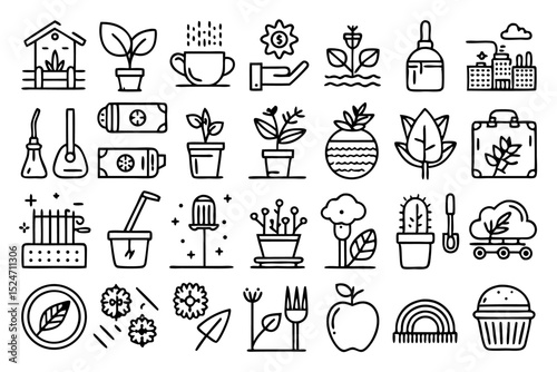 Lawn care gardening seeding line icons set isolated on transparent background