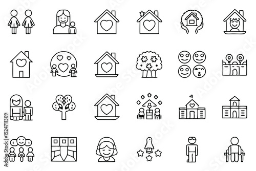 Collection of Outline Icons Depicting Family, Home, and Community