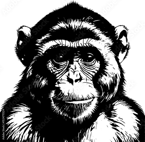 Intricate Chimpanzee Portrait Black and White Ink Illustration