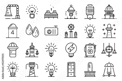Collection of line icons depicting lighting fixtures lamps and flash illumination isolated on transparent background