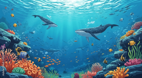Whales and Coral Reef Life – Colorful Underwater World in Vector Illustration