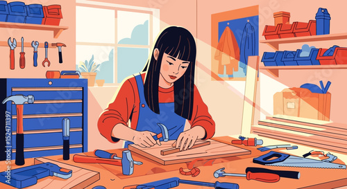 Woman Working with Tools in Workshop – DIY Woodworking Vector Illustration