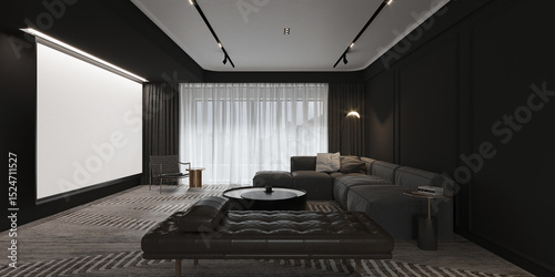 Modern black living room with leather sofa set decor and side table mockup and monitor scance on black pattern wall background. 3d rendering
