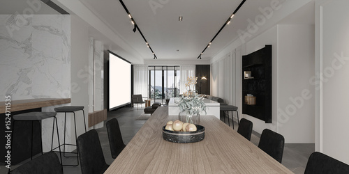 Modern living and dining room withcozy pantry island and bar stool mockup on black and white pattern wall background. 3d rendering
