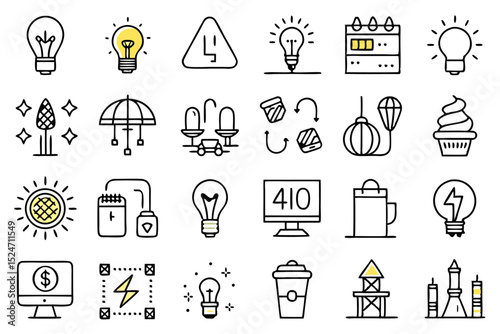 Collection of line icons depicting lighting fixtures lamps and flash illumination isolated on transparent background