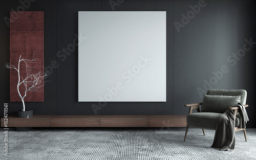 Black modern living room with minimal arm chair and wooden console mockup and canvas frame on black wooden pattern wall background. 3d rendering
