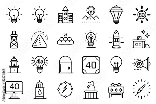 Collection of line icons depicting lighting fixtures and flash illumination isolated on transparent background