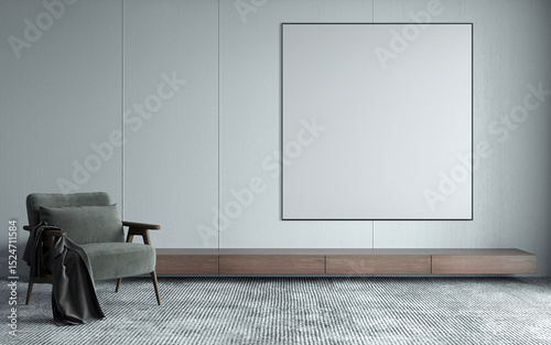 Bright modern living room with minimal arm chair and wooden console mockup and canvas frame on white wooden pattern wall background. 3d rendering
