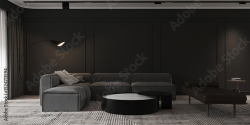 Modern living room with leather sofa and side table mockup on black cozy pattern wall background. 3d rendering
