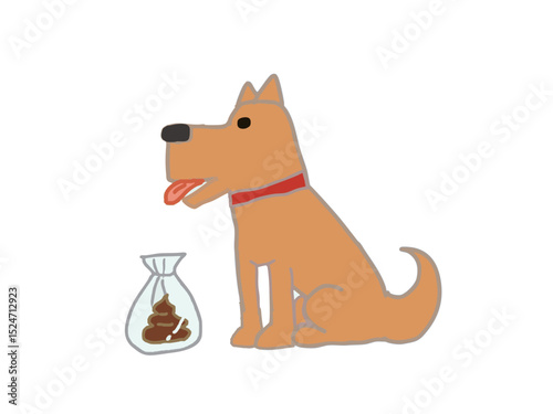 Illustration of a scene where a pet dog's poop is cleaned up and placed in a plastic bag after going for a walk