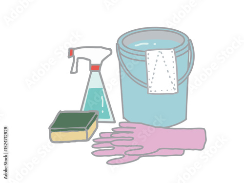 An illustration of a set of cleaning tools including a bucket, gloves, a rag, and a sponge