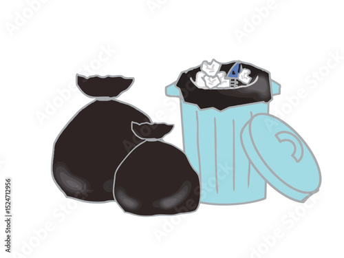 Illustration of a black garbage bag full of trash and a trash can full of garbage