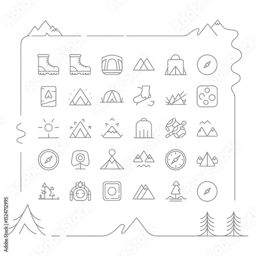 Camping and Outdoor Adventure Icon Set – Hiking, Backpacking, Tent, and Nature Symbols in Black Silhouette Style
