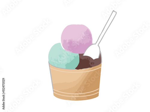 Illustration of cups filled with chocolate, mint chocolate and strawberry ice cream