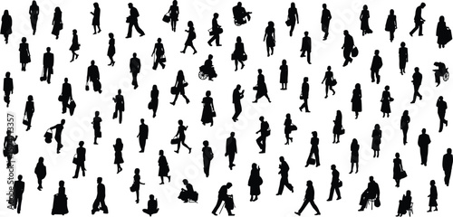 Silhouettes of walking people, men and women, urban pedestrians, daily commute, city crowd, vector illustration, black shadow, isolated figures