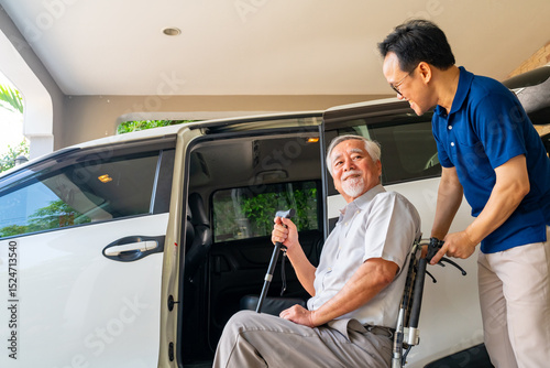 Asian man caregiver or taxi driver helping senior man patient get in the car to get to medical appointments or healthcare therapy sessions at hospital. Assisted elderly patient transportation services