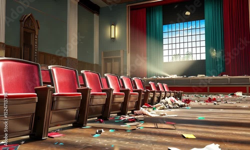 Abandoned theater with confetti on the floor