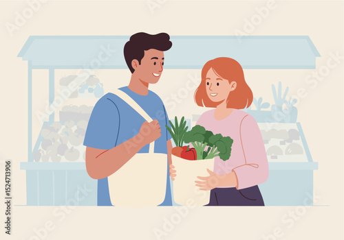  Flat vector of a young couple using a tote bag