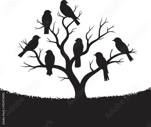 A striking vector illustration of bird silhouettes perched on a tree branch, capturing the essence of wild nature