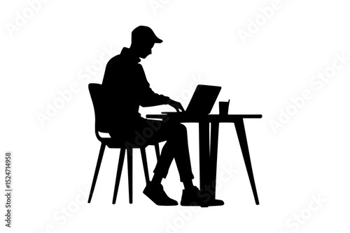 A boy is sitting with computer desk ,work from home concept silhouette vector on white  background
