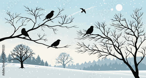 Snowy winter scene with birds on a tree branch, a beautiful nature illustration