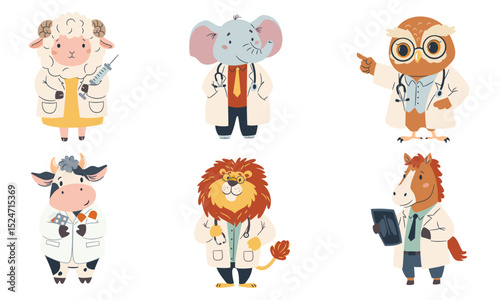 Set of flat vector illustrations. Cute animals in doctors costume. Lion elephant cow owl horse and sheep in white coats. . Vector illustration