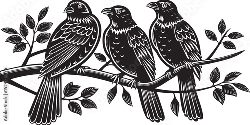 Black bird silhouette with outstretched wings perched on a branch, a striking design perfect for nature and wildlife illustrations