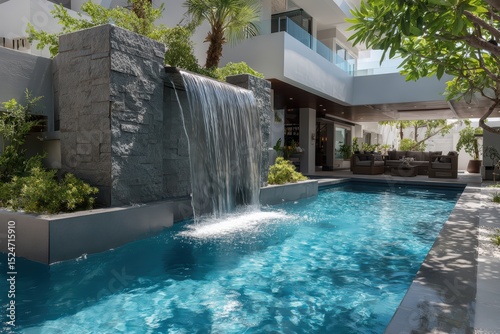 Granite Waterfall Feature with Flowing Water into Blue Pool, Modern Outdoor Design with Natural Texture and Tropical Ambiance.