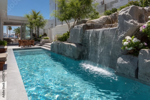 Corner waterfall and blue pool in tranquil courtyard oasis with lush greenery.luxury outdoor design and greenery.