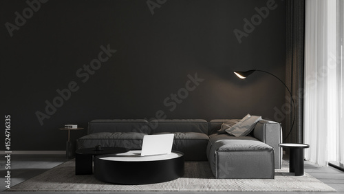Modern living room with leather sofa and side table and cozy floor lamp mockup on black pattern wall background. 3d rendering
