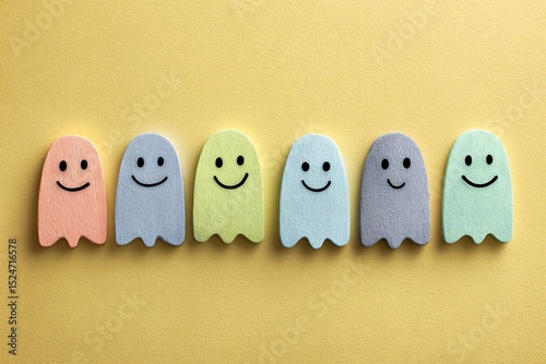 Playful Ghost Figures with Smiling Faces Cheerful Setting Digital Illustration Whimsical Vibe