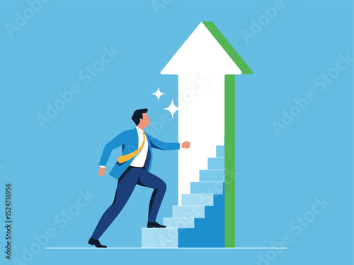 Businessman Climbing Arrow Toward Success – Career Growth and Achievement Vector Illustration