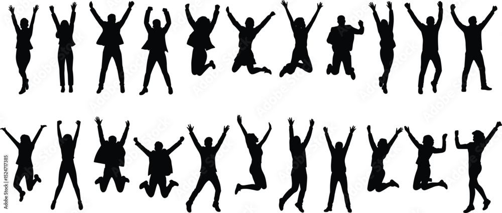 Vector illustration of jumping people silhouettes, energetic crowd, happy celebration pose, black isolated figures, success, freedom, joy, and excitement Vector illustration of jumping people silhouettes, energetic crowd, happy celebration pose, black isolated figures, success, freedom, joy, and excitement