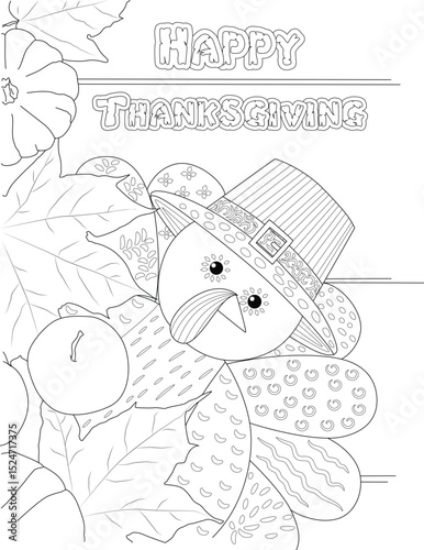 Happy Thanksgiving Turkey and Fall Harvest Coloring Page, Black and white outline illustration for a Thanksgiving coloring book page. Features a cute cartoon turkey wearing a pilgrim hat surrounded 