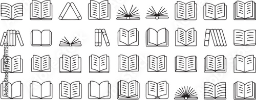 Minimal Book Icons Set – Open Books, Library Illustrations, and Reading Symbols